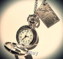 Alice in Wonderland Pocket Watch-I Love You Postcard- Silver-Clock Necklace-Gift