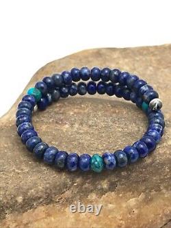 Amazing Gift Native American Sterling Silver Lapis Turquoise Bead Bracelet 3260