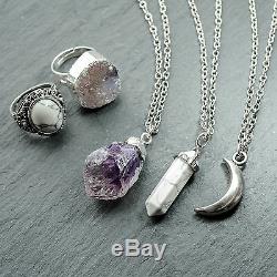 Amethyst Healing Crystal Quartz Cluster Necklace-Silver Boho-Bohemian Stone Gift