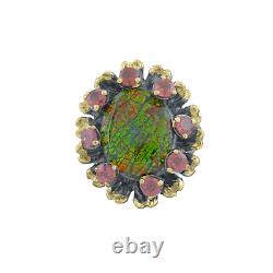 Ammolite Gemstone 925 Silver Garnet Oval Ring Rhodium Plated Floral Jewelry Gift