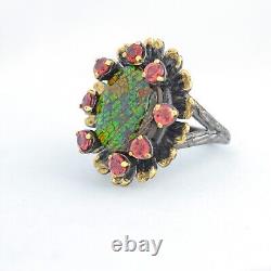 Ammolite Gemstone 925 Silver Garnet Oval Ring Rhodium Plated Floral Jewelry Gift