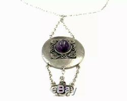 Antique Beaten Silver Purple Quartz ARTS & CRAFTS Pendant Necklace GIFT BOXED