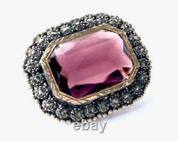 Antique French Silver Gold Marcasite Amethyst Paste Brooch GIFT BOXED