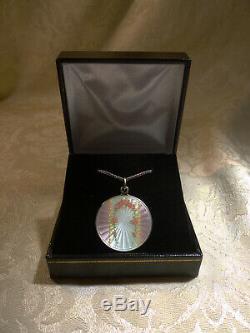 Antique Guilloche Enamel Pendant Necklace 925 Silver Chain Double Sided Gift Box