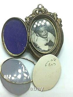 Antique Victorian Locket Pendan&Pin Enamel Deco Engraving Old Silver Photo Gift
