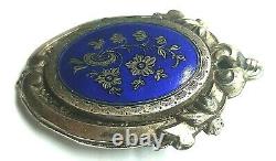 Antique Victorian Locket Pendan&Pin Enamel Deco Engraving Old Silver Photo Gift