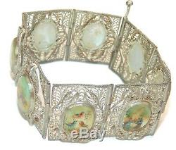 Antique Vintage Sterling Silver Wide Filigree Abalone Bracelet Gift For Her