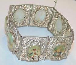 Antique Vintage Sterling Silver Wide Filigree Abalone Bracelet Gift For Her