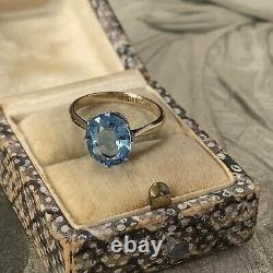 Art Deco 9ct Gold & Silver Paste Sapphire Ring, Antique Solitaire UK L1/2 US5-6