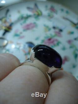Astonishing 1970s Huge Amethyst Cabochon Solid Silver Ring N N1/2 Mint Gift Co