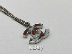 Authentic CHANEL Silver Tone Chain Necklace Enamel CC Logo Pendant Gift Set