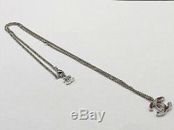 Authentic CHANEL Silver Tone Chain Necklace Enamel CC Logo Pendant Gift Set