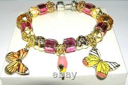 Authentic PANDORA Bracelet Silver With BUTTERFLY, BIRD GOLD PINK European Charms
