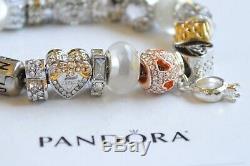 Authentic PANDORA Silver BRACELET Wedding Just Merried Gift White Charm Beads