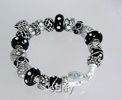 Authentic Pandora Bracelet Black Heart Love Flower Gift New European Charms