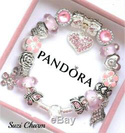 Authentic Pandora Bracelet Silver Pink MOM Angel Wing with European Charms New
