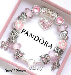 Authentic Pandora Bracelet Silver Pink MOM Angel Wing with European Charms New