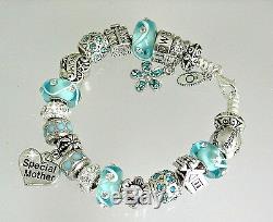 Authentic Pandora Charm Bracelet Mom Family Blue Aqua European Charms Gift 8.3