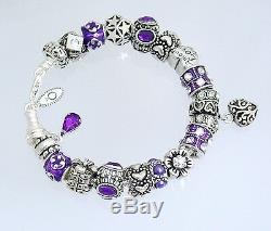 Authentic Pandora Charm Bracelet Purple Heart Love Gift European Charms Beads
