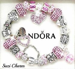 Authentic Pandora Silver Bracelet MOM Pink Heart Family European Charms New Gift