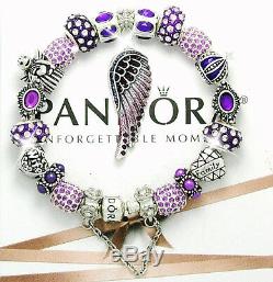 Authentic Pandora Silver Bracelet MOM Purple Angel Wing Wife European Charms New