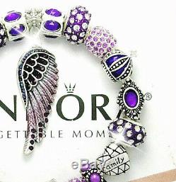 Authentic Pandora Silver Bracelet MOM Purple Angel Wing Wife European Charms New