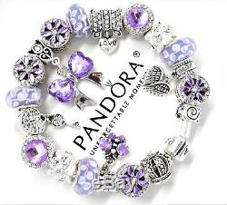 Authentic Pandora Silver Bracelet Purple Crystal Heart Gift European Charms. NIB