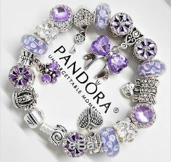 Authentic Pandora Silver Bracelet Purple Crystal Heart Gift European Charms. NIB