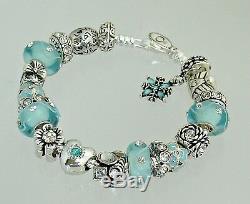 Authentic Pandora Silver Bracelet with Heart Love Aqua Blue Gift European Charms