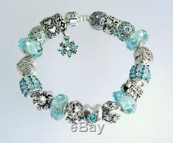 Authentic Pandora Silver Charm Bracelet with Aqua Blue Heart European Charms New