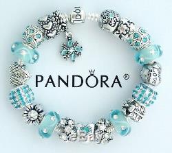 Authentic Pandora Silver Charm Bracelet with Aqua Blue Heart European Charms New