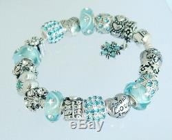 Authentic Pandora Silver Charm Bracelet with Aqua Blue Heart European Charms New