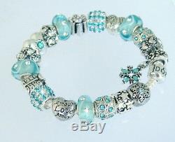 Authentic Pandora Silver Charm Bracelet with Aqua Blue Heart European Charms New