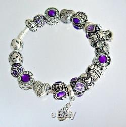 Authentic Pandora Silver Charm Bracelet with European Heart Purple Charms Gift