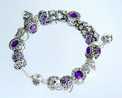 Authentic Pandora Silver Charm Bracelet with European Heart Purple Charms Gift