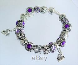 Authentic Pandora Silver Charm Bracelet with European Heart Purple Charms Gift