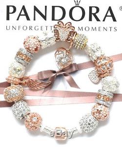 Authentic Pandora Silver Rose Gold Clasp Charm Bracelet Euro Charms Micro Pave