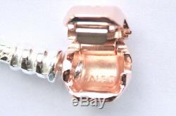 Authentic Pandora Silver Rose Gold Clasp Charm Bracelet Euro Charms Micro Pave