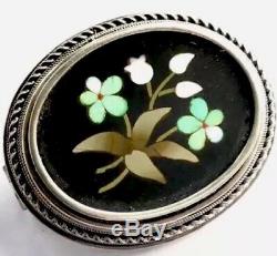 Beautiful Antique Italian Silver Petra Dura Mosaic Flower Brooch Pin-GIFT BOXED