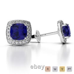 Blue Sapphire Earrings Cushion Shape Moissanite Diamond 925 Silver Jewelry Gift