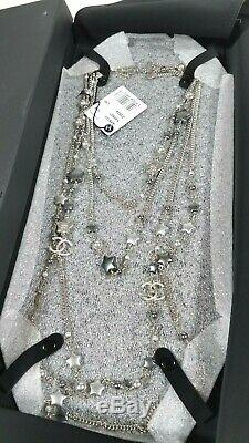 CHANEL Silver Gray Pearl Stars Layered Chain Necklace GIFT