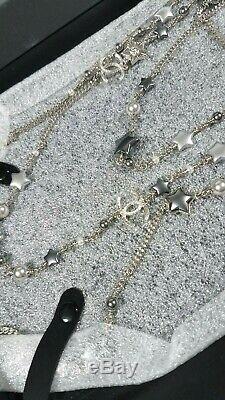 CHANEL Silver Gray Pearl Stars Layered Chain Necklace GIFT