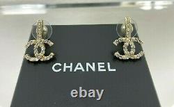 Chanel CC Auth Silver Gold Tone Crystals Stud Earrings in Box Gift Bag MINT