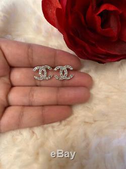 Chanel CC Logo Silver Tone Small Crystal Rhinestone Stud Earrings VIP Gift
