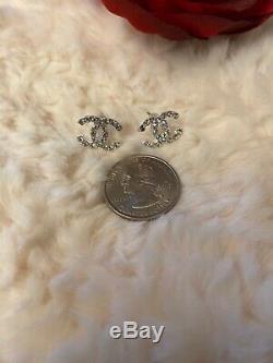 Chanel CC Logo Silver Tone Small Crystal Rhinestone Stud Earrings VIP Gift