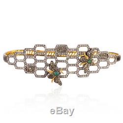 Christmas Gift Vintage Look Emerald Gold Sterling Silver Diamond Palm Bracelet