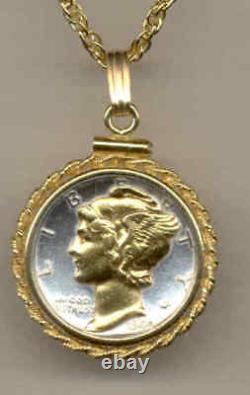 Coin Jewelry US Mercury Dime Necklace Gold On Silver Pendant Bezel Holiday Gift