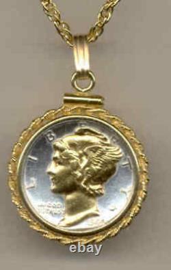 Coin Jewelry US Mercury Dime Necklace Gold On Silver Pendant Bezel Holiday Gift