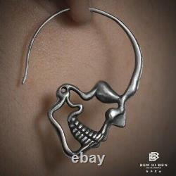 Cool Real Silver Skull Eardrop Vintage Punk Jewelry Gift Men's Earring Handmade