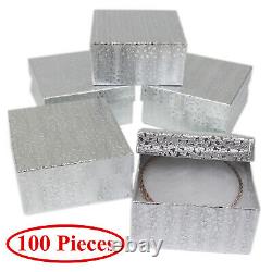 Cotton Filled Gift Box Fancy Silver Foil Jewelry Boxes Cardboard Display 100 Pcs